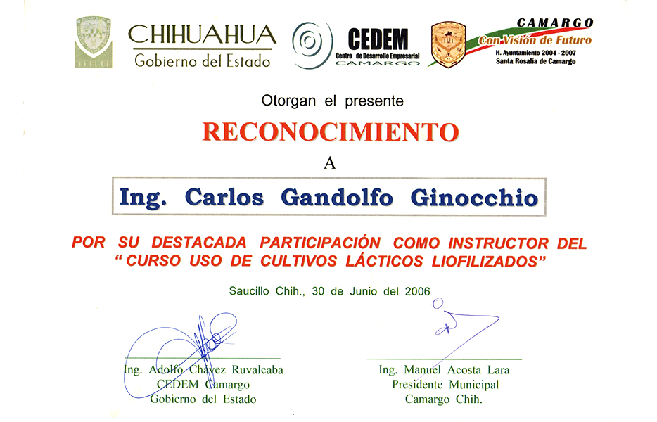CHIHUAHUA 2006 | Instructor Curso uso de Cultivos Lácteos Liofilizados